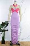 Пурпурное сексуальное лоскутное платье с открытой спиной и асимметричным контрастным длинным платьем без бретелек