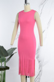 Deep Pink Casual Solid Tassel O Neck Sleeveless Dress Dresses
