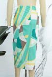 Hellgrüne, lässig bedruckte, asymmetrische Frenulum-Hose mit normaler, hoher Taille und konventionellem Volldruck