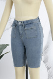 Blauwe casual effen uitgeholde skinny jeans met halfhoge taille en patchwork