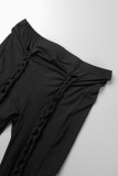 黒カジュアルソリッド中空スキニーハイウエスト従来のソリッドカラーのズボン