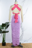 Paarse sexy patchwork rugloze vouw asymmetrische contrasterende strapless lange jurkjurken