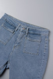 Short en jean moulant taille moyenne décontracté solide évidé patchwork bleu