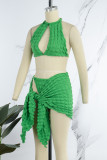 Grüner sexy dreiteiliger Badeanzug mit ausgehöhltem Frenulum, rückenfrei (ohne Polsterung)