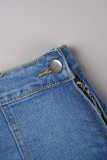 Pantaloncini di jeans skinny a vita alta asimmetrici con patchwork di nappa tinta unita casual blu cielo