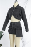 Black Casual Solid Patchwork Turndown Collar Long Sleeve Two Pieces Denim Crop Tops And Skirts Sets
