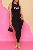 Black Street Print Letter O Neck Jumpsuits