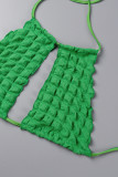 Зеленый сексуальный однотонный купальник из трех частей с вырезом на уздечке и открытой спиной (без набивки)