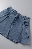 Blaue, lässige, solide Patchwork-Jeansröcke mit hoher Taille und schmaler Passform