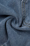 Pantalones cortos de mezclilla flacos de cintura media de patchwork ahuecados sólidos informales azules
