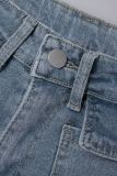 Shorts jeans skinny azul casual liso vazado patchwork cintura média