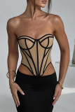 Black Sexy Patchwork See-through Backless Strapless Tops