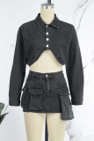 Black Casual Solid Patchwork Turndown Collar Long Sleeve Two Pieces Denim Crop Tops And Skirts Sets