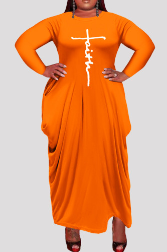 Orange Fashion Casual Plus Size Print Asymmetrische O-Ausschnitt Langarm-Kleider