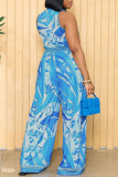 Blauwe casual print patchwork Frenulum kraag losse jumpsuits (met riem)