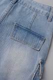 Light Blue Street Gradual Change Patchwork Pocket High Waist Loose Baggy Cargo Denim Jeans