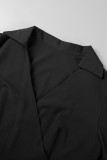 Vestidos plissados ​​pretos elegantes sólidos patchwork frênulo dobrado gola polo (com cinto)