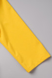 Gelbe, lässige, solide Patchwork-Kleider mit Falten und V-Ausschnitt und einem einstufigen Rock