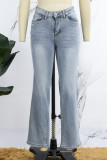 Jeans jeans reto casual cintura alta patchwork liso azul claro