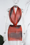 Красный сексуальный принт с открытой спиной и сеткой на бретелях с одной юбкой