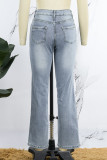 Jeans de mezclilla rectos de cintura alta de patchwork sólido casual azul claro