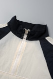 Cream White Casual Patchwork Contrast Zipper Collar Long Sleeve Two Pieces