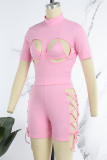 Pink Sexy Solid Hollowed Out Cross Straps Half A Turtleneck Short Sleeve Two Pieces(Three Pieces)