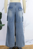 Светло-голубые свободные джинсовые джинсы Street Gradual Change с карманами в стиле пэчворк и высокой талией