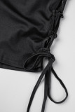 Noir Sexy solide évidé bretelles croisées demi col roulé manches courtes deux pièces (trois pièces)