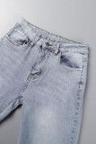 Lichtblauwe casual effen patchwork rechte spijkerbroek met hoge taille