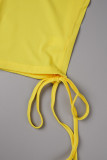 Bandagem sólida amarela casual patchwork com zíper gola sem mangas duas peças