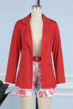 Rode casual print met riem, omslagkraag, twee stukken met lange mouwen