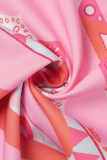 ピンク カジュアル プリント パッチワーク 小帯ターンダウンカラー ルーズ ジャンプスーツ (ベルト付き)