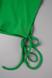 Bandagem sólida verde casual patchwork com zíper gola sem mangas duas peças