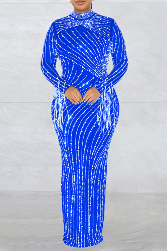 Blue Sexy Patchwork Hot Drilling See-through Half A Turtleneck Long Sleeve Two Pieces