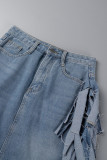 Голубые повседневные однотонные лоскутные юбки с высокой талией и кисточками, стандартные джинсовые юбки
