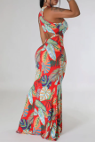 White Casual Daily Vacation Simplicity Floral Printing Halter African Print Dresses for Women