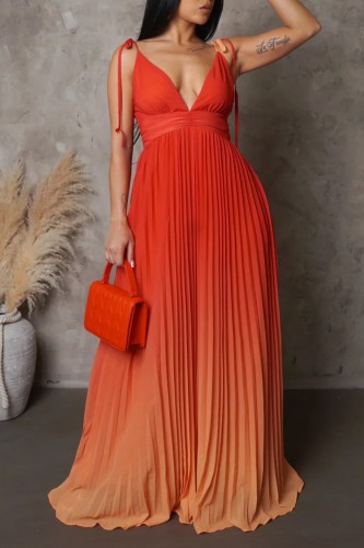 Оранжевое сексуальное повседневное платье с постепенным изменением печати повязки с открытой спиной плиссированные платья с V-образным вырезом длинное платье