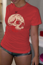 Rode casual street print schedel patchwork T-shirts met ronde hals