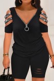 Black Casual Solid Hollowed Out Patchwork Hot Drill V Neck Plus Size Two Pieces