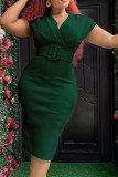 Green Casual Solid Patchwork With Belt V Neck One Step Skirt Dresses