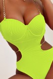 Green Sexy Solid Hollowed Out Frenulum Backless Swimwears (With Paddings)