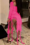 Roze casual effen asymmetrische jurken met vierkante kraag en lange mouwen