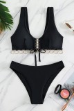 Black Sexy Solid Patchwork Frenulum Backless Swimwears (With Paddings)