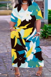 Земно-желтое Повседневное платье с принтом Базовое платье с V-образным вырезом и короткими рукавами Платья