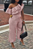 Yellow Casual Striped Patchwork Flounce Oblique Collar Regular Jumpsuits