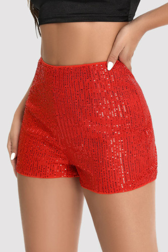 Pantalones cortos lentejuelas informales de patchwork de cintura alta recta rojo
