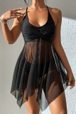 Black Solid Patchwork See-through Backless Asymmetrical Swimwears (With Paddings)