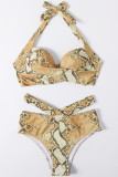 Blue Sexy Print Hollowed Out Patchwork Frenulum Backless Swimwears (With Paddings)
