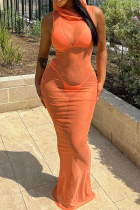 Orange sexy solide Patchwork-Kleider mit durchsichtigem Mesh-Schalkragen, einstufigem Rock
